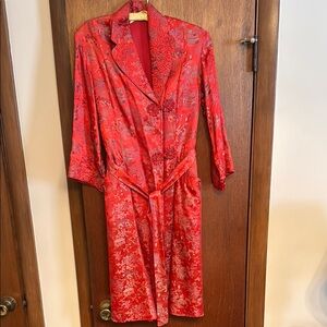 Vintage Red Patterned Oriental Robe with 2 Pockets & Belt